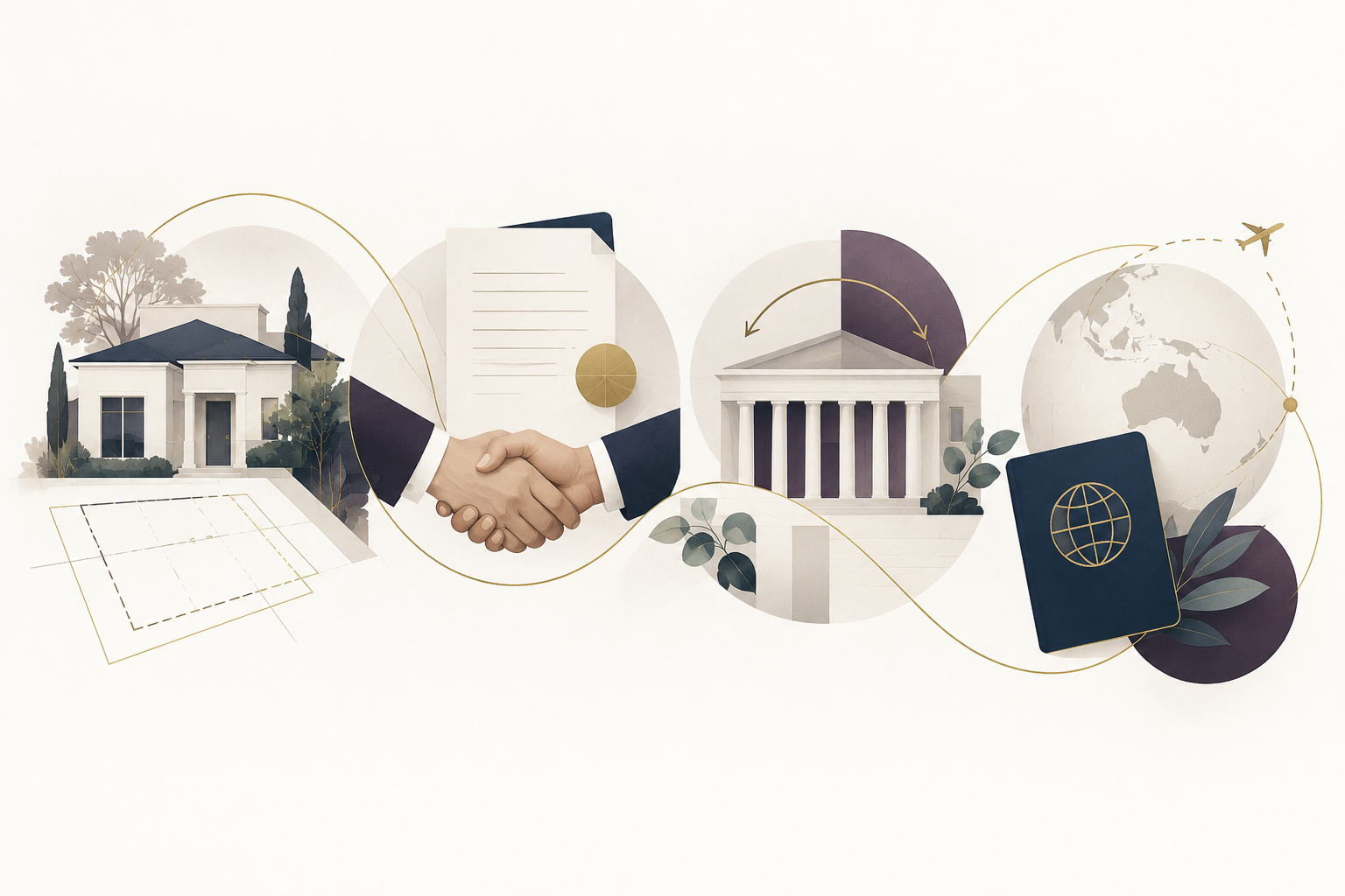 Illustration representing property, business, administrative review and migration legal services